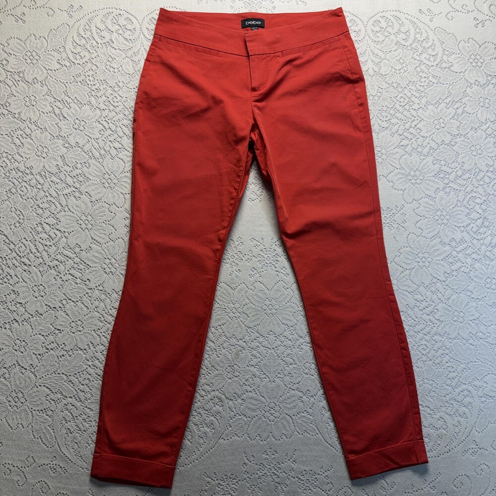 Bebe Dress Pants Womens 2 Red High Risk Skinny Twill Ankle Stretch Workwear